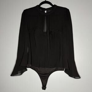 Bebe Large Black Bodysuit Sweetheart Corset Style Bust Chiffon Ruffle Sleeve
